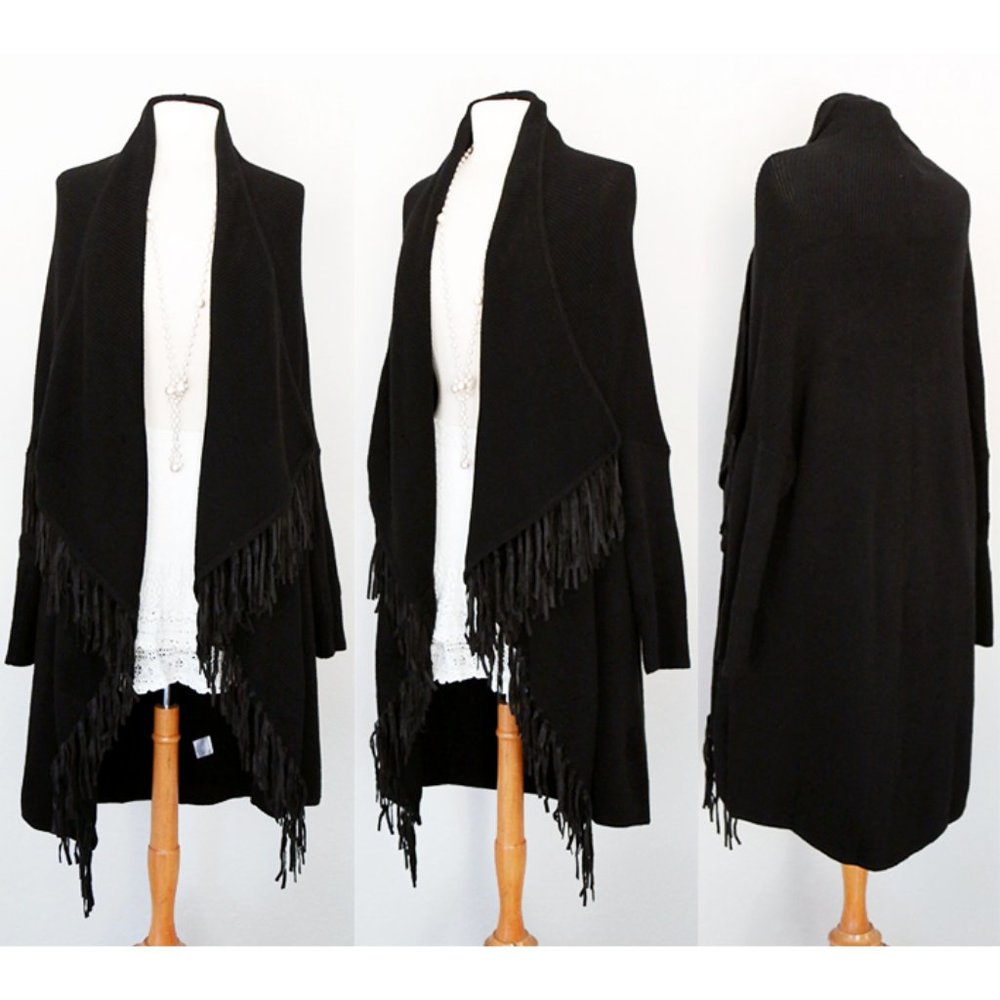 Faux Suede Fringed Waterfall Open Long Cardigan - Picture 3 of 10